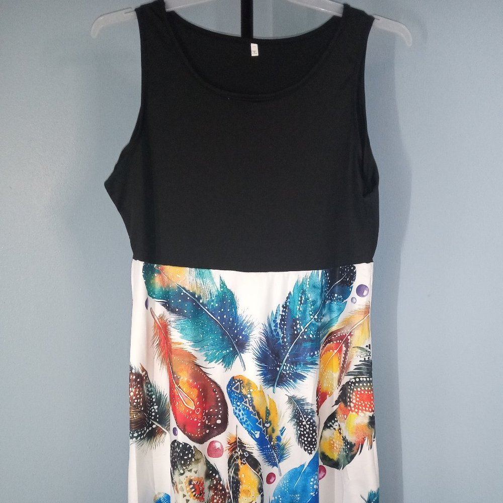 XXL Sun Dress black top / white bottom with multicolor feather design